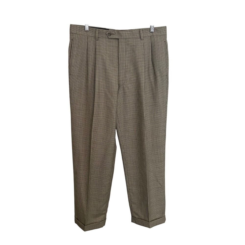 Jos A Bank Mens Brown Houndstooth Pleated Cuffed Dress Pants 37x28.5